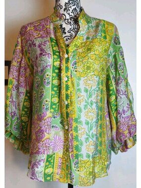 Fate by LFD NWT Floral Patchwork Blouse Womens S Boho Ruffle Cuff Button